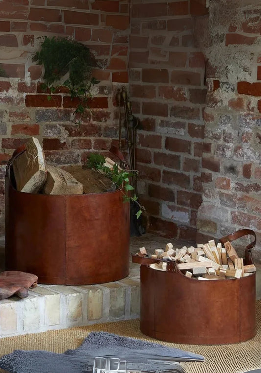 Round Leather Storage Basket with Handles