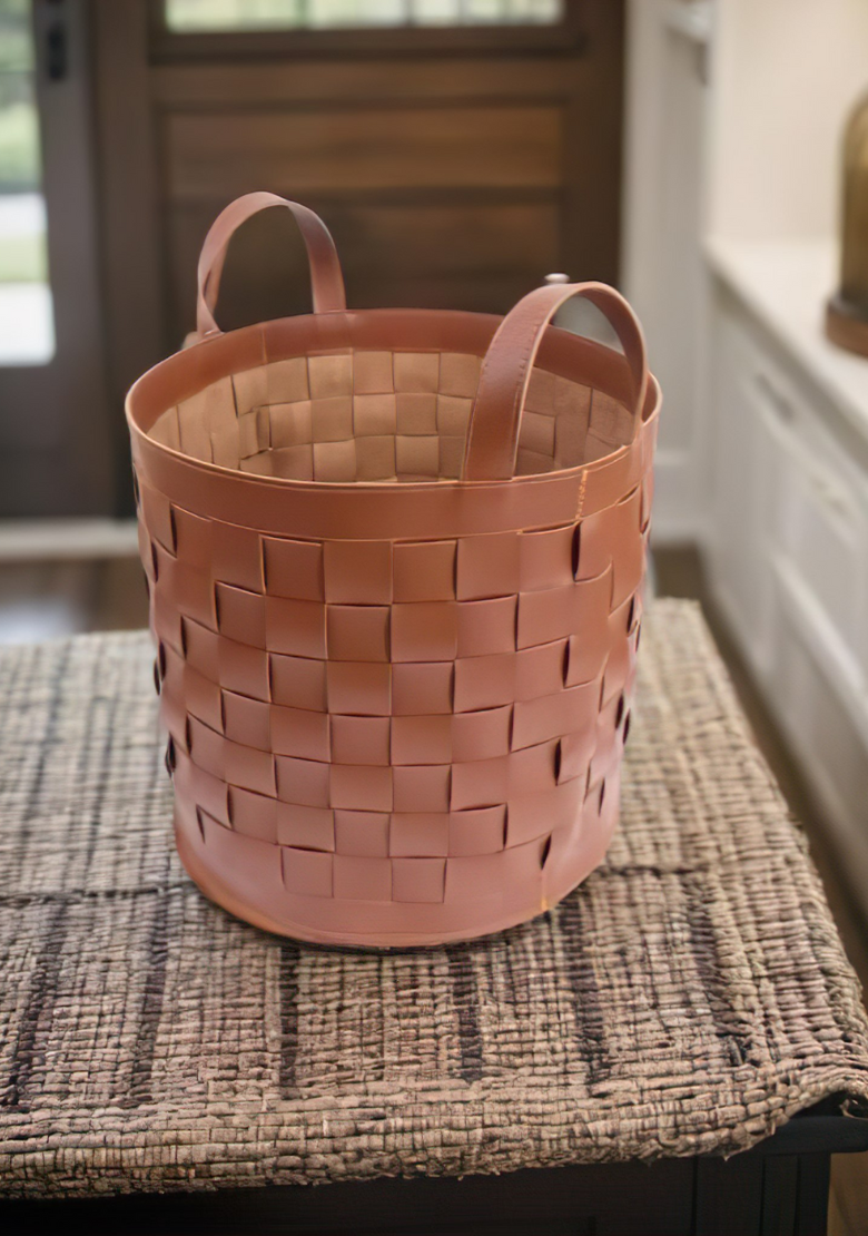 Handmade Firewood Woven Leather Basket