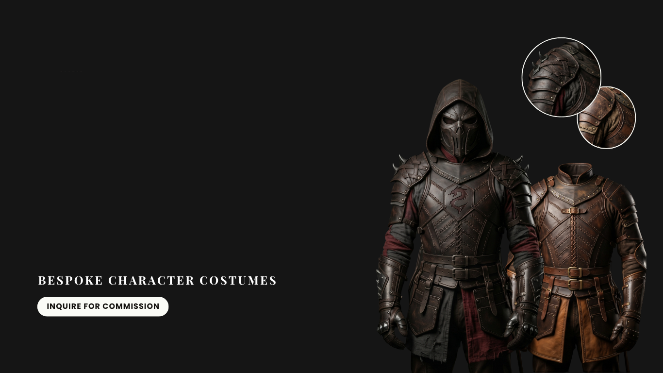 Dark fantasy character costume with armor and gloves on a black background