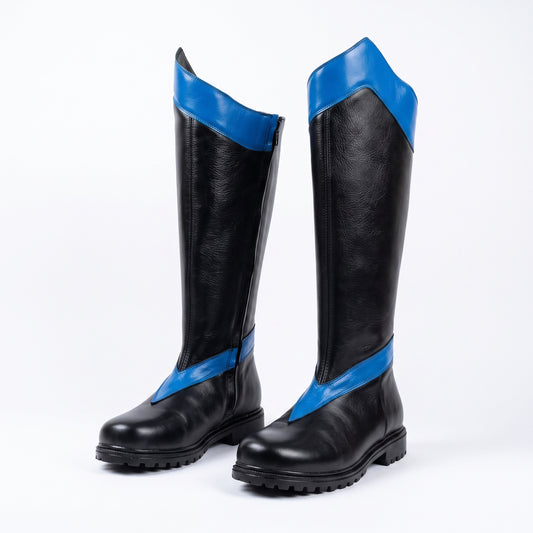 Nightwing Cosplay Boots: Black Blue Leather Superhero Combat Replica