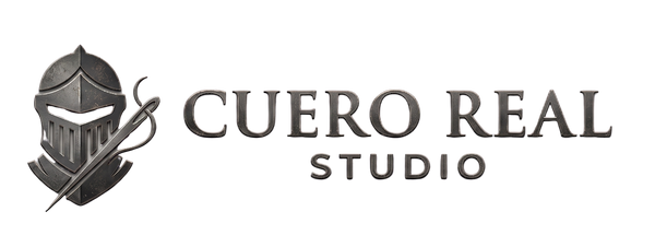 Logo of Cuero Real Studio with a helmet and stich needle icon on a white background