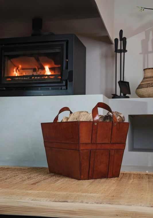 Rectangular Leather Wood Basket with Handles