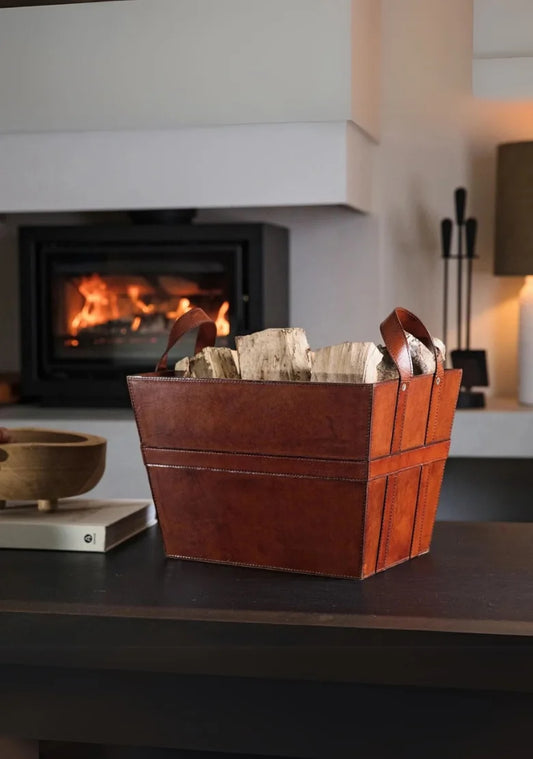 Rectangular Leather Wood Basket with Handles