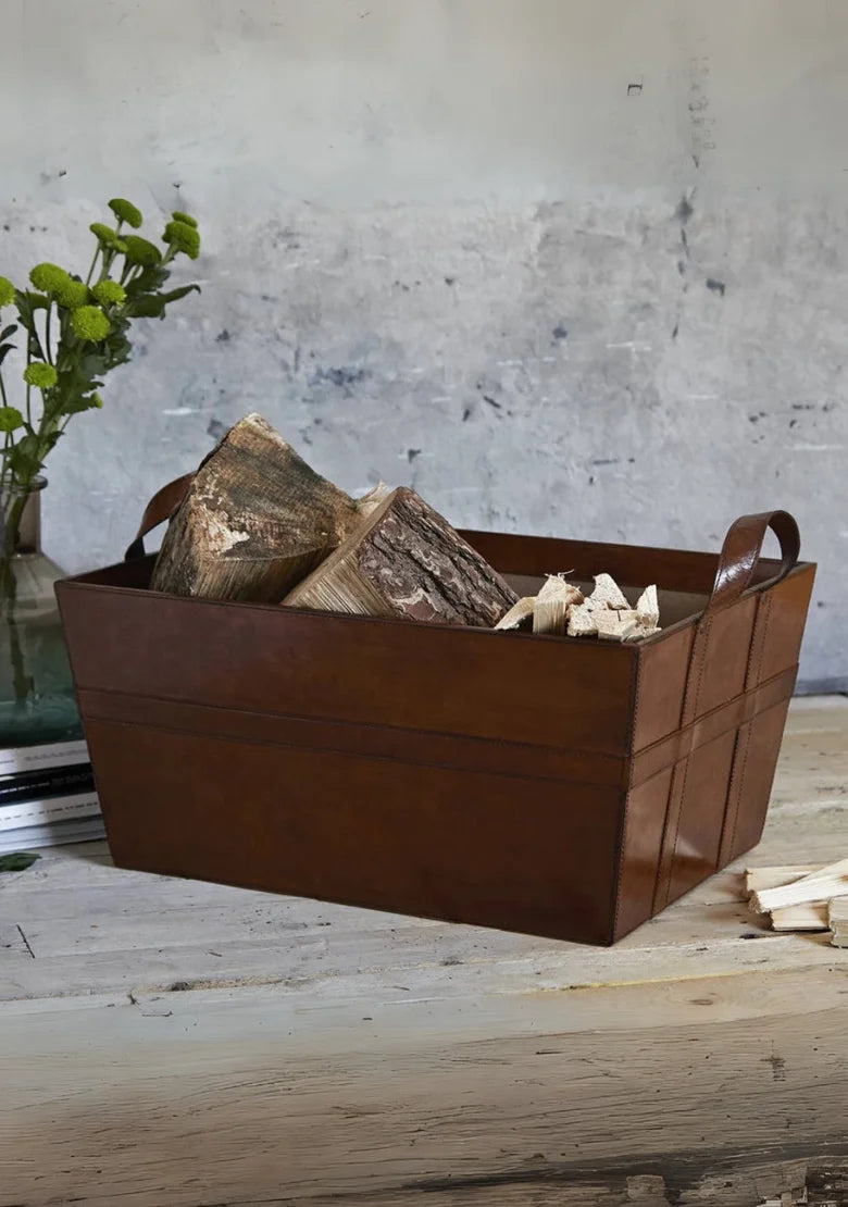 Rectangular Leather Wood Basket with Handles