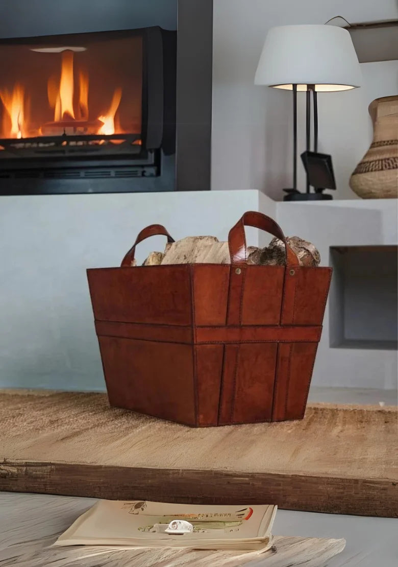 Rectangular Leather Wood Basket with Handles