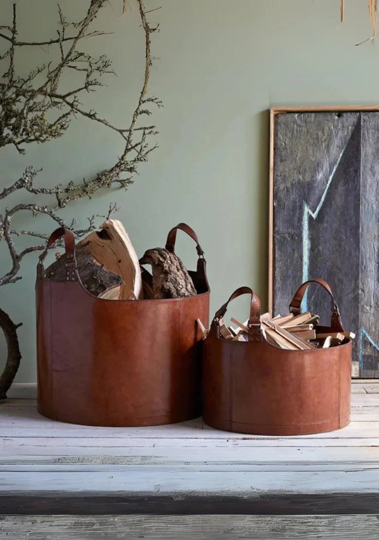 Round Leather Storage Basket with Handles