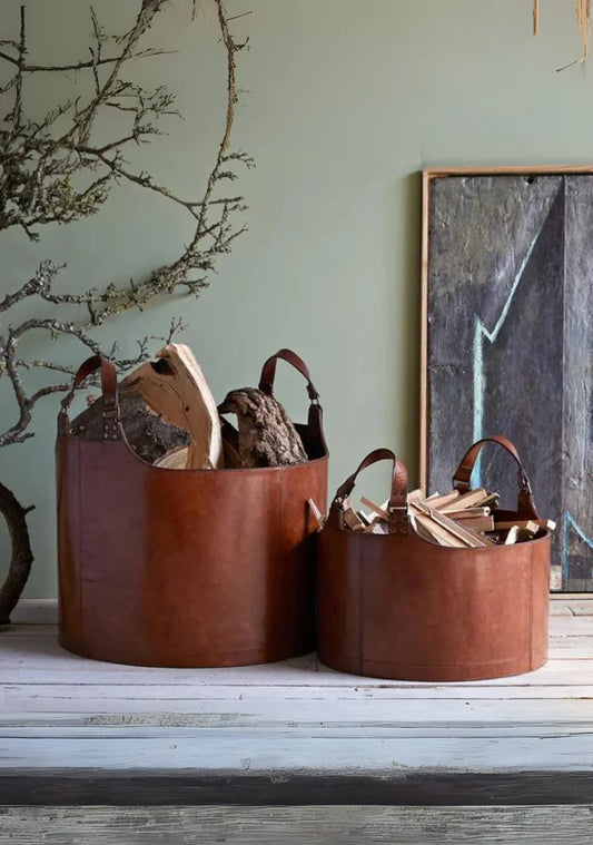 Round Leather Storage Basket with Handles