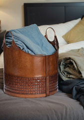 Round Leather Storage Basket for Fire Pit, Artisan Leather Basket for Storage, Multi-Purpose Textured Leather Bin with Handles