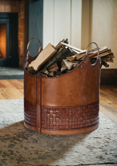 Round Leather Storage Basket for Fire Pit, Artisan Leather Basket for Storage, Multi-Purpose Textured Leather Bin with Handles