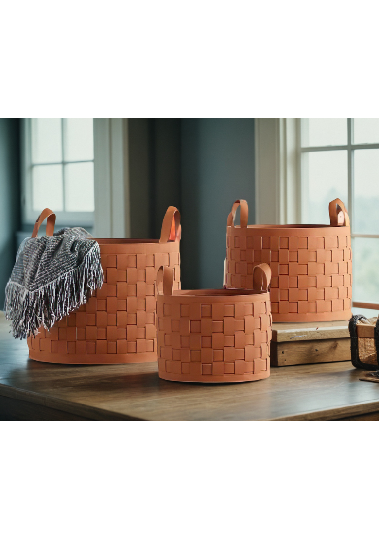 Woven Leather Storage Basket with Handles