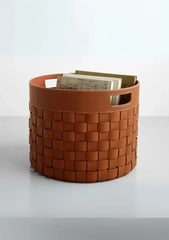 Woven Leather Round Storage Basket, Handmade Woven Firelog Brown Basket, Modern Style Woven Leather Storage Basket